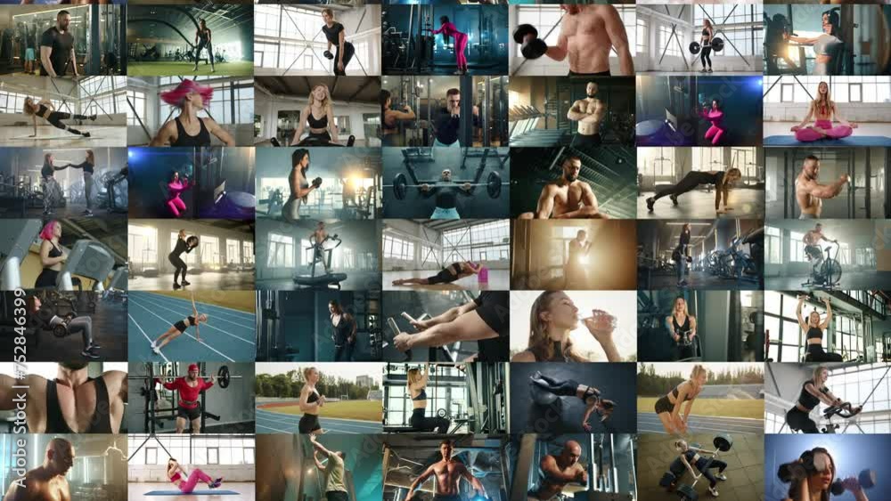 Vertical panorama collage. Dozens of videos where people are engaging in sports. Men and women skillfully perform exercises demonstrating their professionalism and perseverance. 