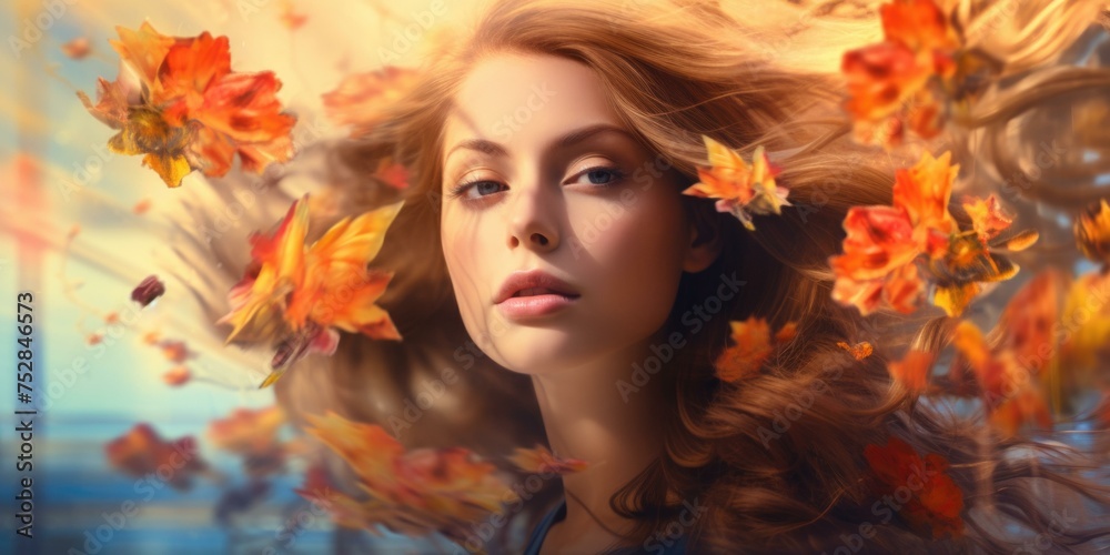 A woman with long red hair surrounded by falling leaves. Generative AI. A woman with long red hair surrounded by falling leaves. Generative AI.
