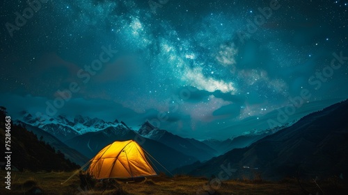 Camping in the mountains under a starry night sky.