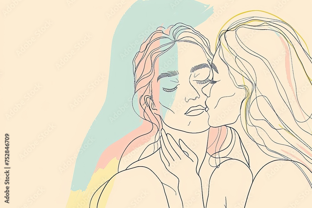 A minimalist line drawing of two women embracing in a loving kiss against a pastel background A minimalist line drawing of two women embracing in a loving kiss against a pastel background