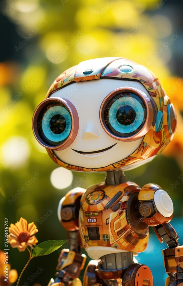 A robot with big eyes and a flower in the background. Generative AI. A robot with big eyes and a flower in the background. Generative AI.