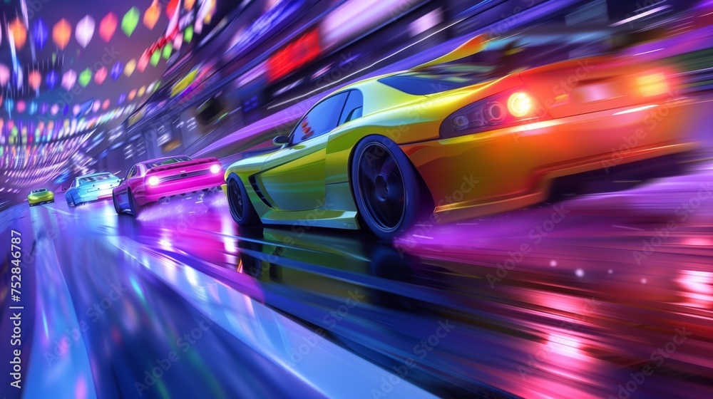 Super cars race away from the camera in a drag race, displaying vibrant colors and an environment in motion blur.