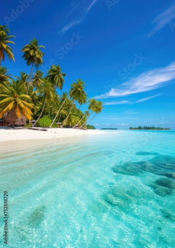 A beach with a clear blue ocean and palm trees. Generative AI. © serg3d