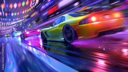 Super cars race away from the camera in a drag race, displaying vibrant colors and an environment in motion blur. © klss777