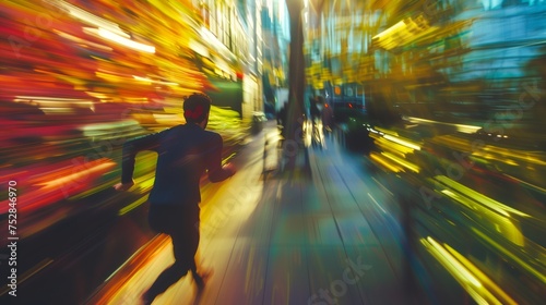 A man runs away from the camera. Vibrant colors. Environment in motion blur.