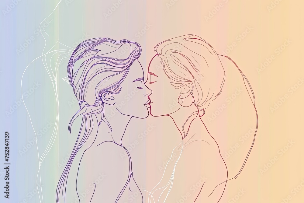 A minimalist line drawing of two women embracing in a loving kiss against a pastel background A minimalist line drawing of two women embracing in a loving kiss against a pastel background