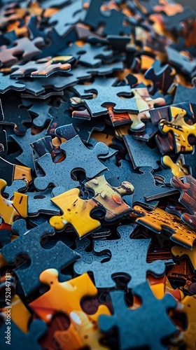 A pile of puzzle pieces. Low angle shot.