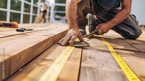 Master measures the log for sawing. Sawmill, protection, mask, helmet, chainsaw, lumberjack, forest, lumber, construction, timber, logging, sawmill. Generated by AI