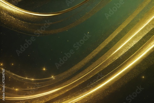 Abstract Green Background With Golden Shiney Waves And Star Particles On It  photo