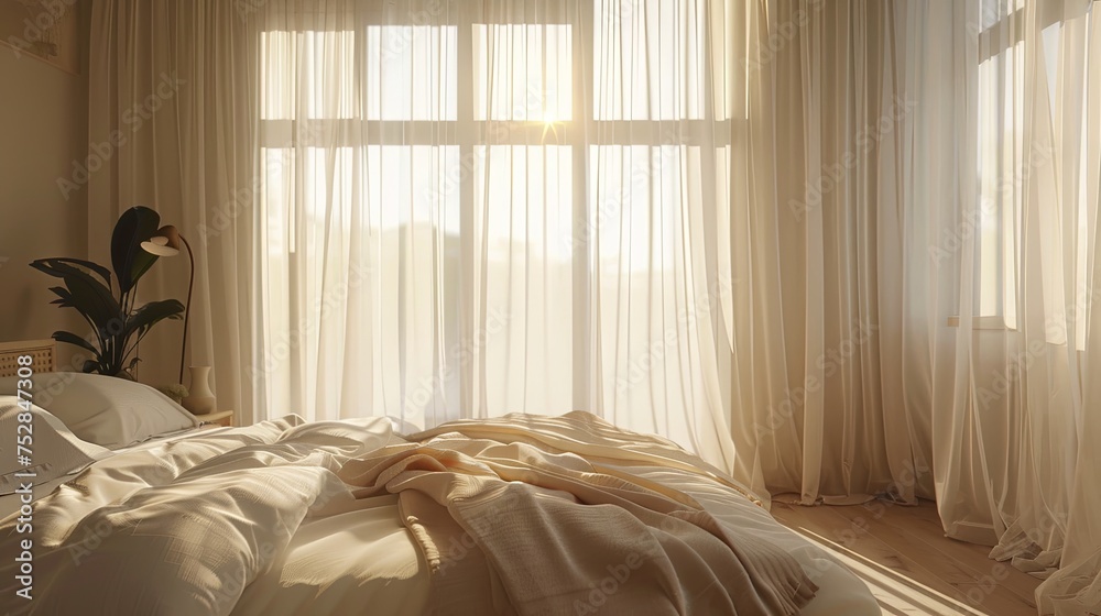 Warm Sunrise in a Tranquil Bedroom with Sheer Curtains
Warm Sunrise in a Tranquil Bedroom with Sheer Curtains