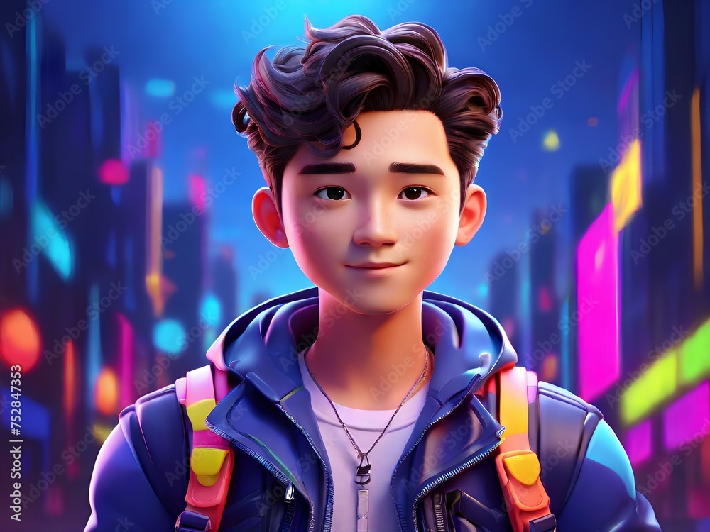 Obraz premium AI generate cool boy character wearing backpack and jacket with colorful background and neon color