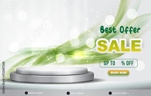 best offer sale discount template banner with blank space 3d podium for product sale with abstract gradient green and white background design