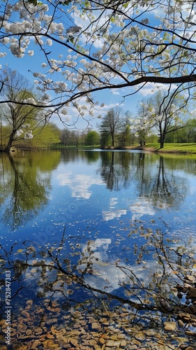 A tranquil lakeside scene with spring trees in full bloom, their delicate flowers reflecting in the still, clear waters under a bright blue sky. 