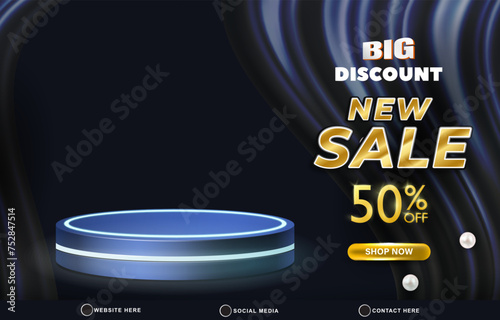 big discount new sale template banner with blank space 3d podium for product sale with abstract gradient blue and golden background design