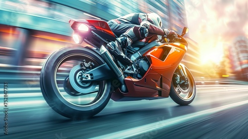 A superbike drives away from the camera, vibrant colors and environment in motion blur.