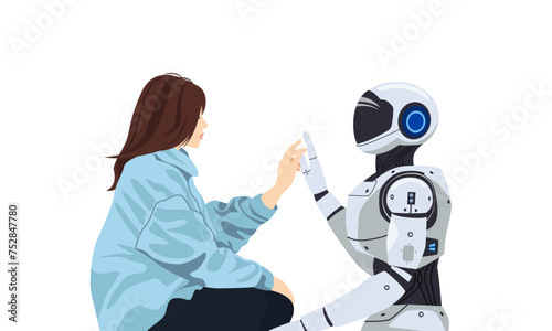 The girl and the robot touch hands. Artificial intelligence, robot and human hands, data exchange, artificial intelligence science and technology, futuristic innovation.