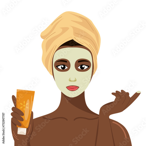 Vector illustration of a dark-skinned girl in a towel applying cream to her face. Beauty, skin care, body care, cleansing concept.