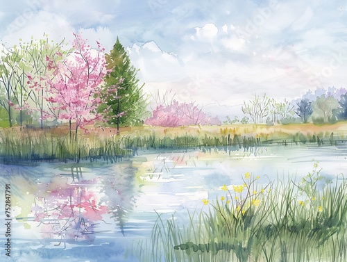 Fototapeta Naklejka Na Ścianę i Meble -  Watercolor Landscape of Spring Blossoms by the Lake
 A tranquil watercolor painting capturing a serene lakeside scene adorned with spring blossoms and lush greenery under a soft blue sky.
