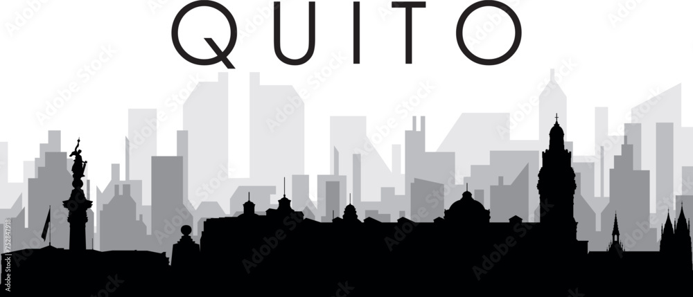 Black cityscape skyline panorama with gray misty city buildings background of QUITO, ECUADOR Black cityscape skyline panorama with gray misty city buildings background of QUITO, ECUADOR