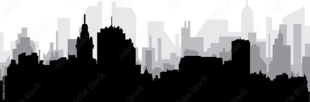 Black cityscape skyline panorama with gray misty city buildings background of MONTEVIDEO, URUGUAY