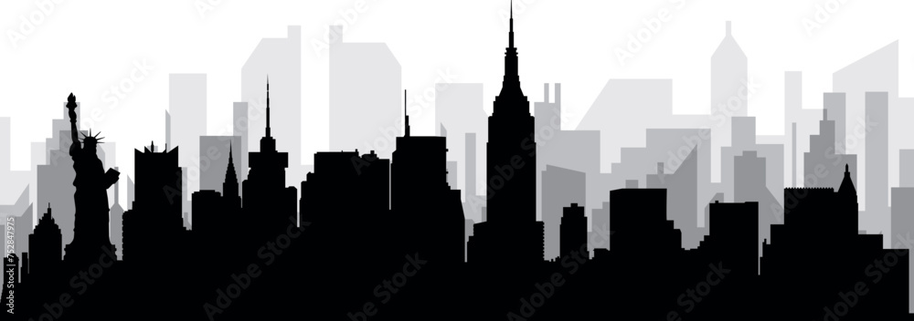 Black cityscape skyline panorama with gray misty city buildings background of NEW YORK CITY, UNITED STATES OF AMERICA