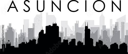 Black cityscape skyline panorama with gray misty city buildings background of ASUNCI  N  PARAGUAY