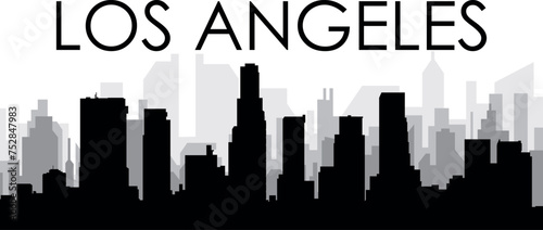 Black cityscape skyline panorama with gray misty city buildings background of LOS ANGELES, UNITED STATES OF AMERICA