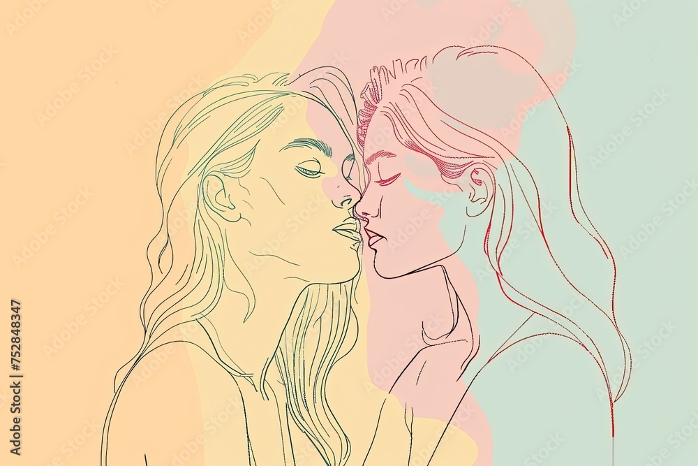 A minimalist line drawing of two women embracing in a loving kiss against a pastel background A minimalist line drawing of two women embracing in a loving kiss against a pastel background
