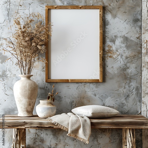 Beige wooden picture frame mockup with Simple minimalist house decoration and crack rustic wall