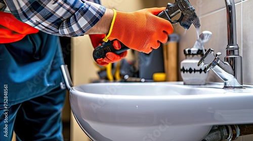 Handyman repairing a clogged sink. Skilled, plumber, fixing, maintenance, household, service, plumbing, technician, tools. Generated by AI © Anastasia