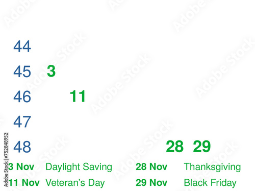 November 2024 Festive Holidays Calendar with  Week  Numbers