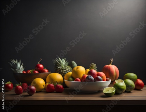 Fruits And Vegetables In A Bowl And On a Table With A Dark Background 