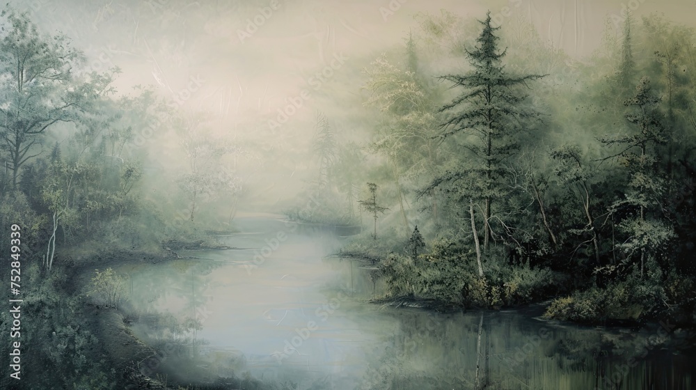 Swamp landscape in the fog. Mysticism, trees, forest, humidity, quagmire, quicksand, reeds, nature reserve, mystery, silence, darkness, greenery. Generated by AI