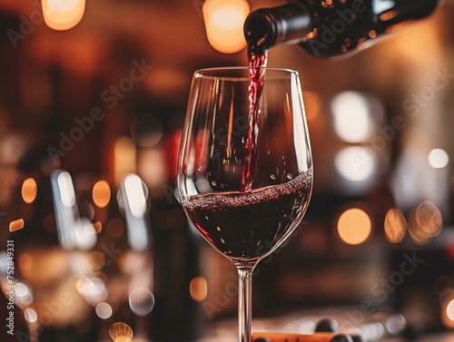 Red wine being poured from a bottle into a delicate wine glass with a bokeh background