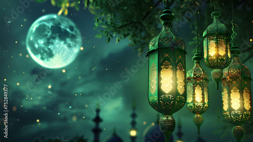 Beautiful green lanterns with backgrounds of festive and lively Ramadan at night and blurred mosque under a beautiful dim moon. Artificial intelligence.