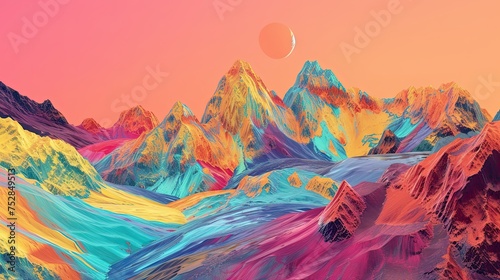 Abstract colorful mountains. Canyon, culture of other countries, spiritual practice, trip, psychedelic, grotto, cape, abyss, depth, ravine, echo, cliff, river. Generated by AI © Anastasia