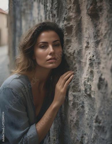 Beautiful woman leaning against a wall