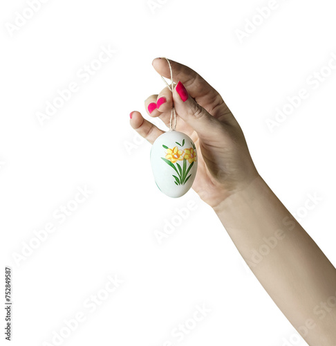 Isolated of woman hand holding Easter egg with painted flower