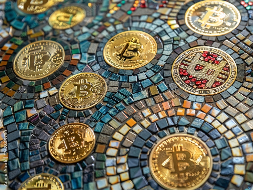 Intricate crypto coins woven into seamless ancient mosaic artwork