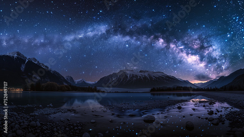 Starry night scene: milky way over mountains and rivers in the dark © Olga