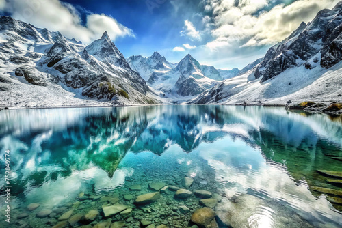 "Crystal Clear Lake Surrounded by Snowy Mountains" 