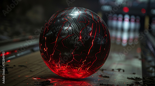 A red glowing cracked bowling ball on a dark alley, poised for a fiery strike. photo