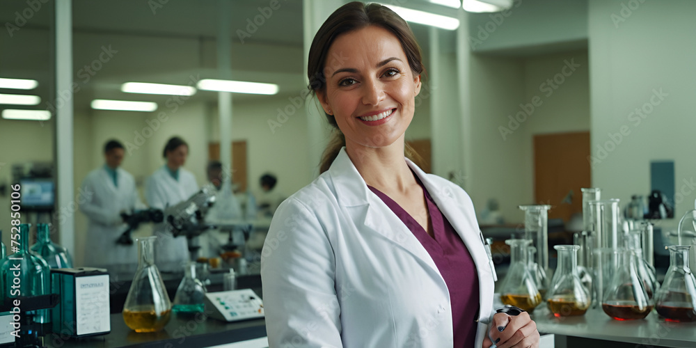 Obraz premium Port of a smiling female laboratory assistant in a science center laboratory. Concept of research, study and scientific discovery. Generated by AI.