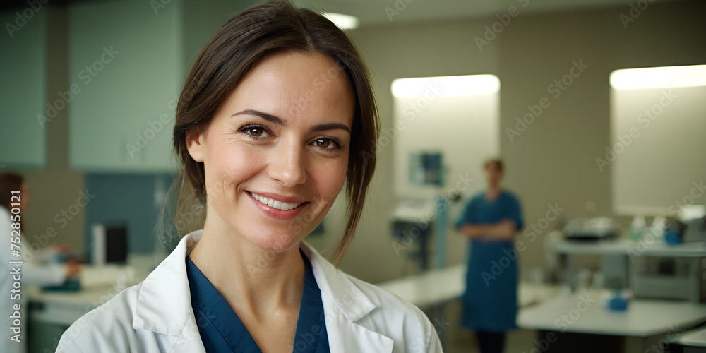 Port of a smiling female laboratory assistant in a science center laboratory. Concept of research, study and scientific discovery. Generated by AI. Port of a smiling female laboratory assistant in a science center laboratory. Concept of research, study and scientific discovery. Generated by AI.