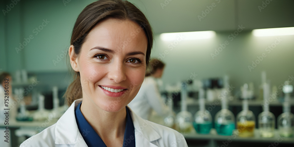 Port of a smiling female laboratory assistant in a science center laboratory. Concept of research, study and scientific discovery. Generated by AI.