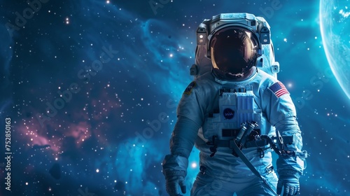 An astronaut stands poised before a breathtaking space background
