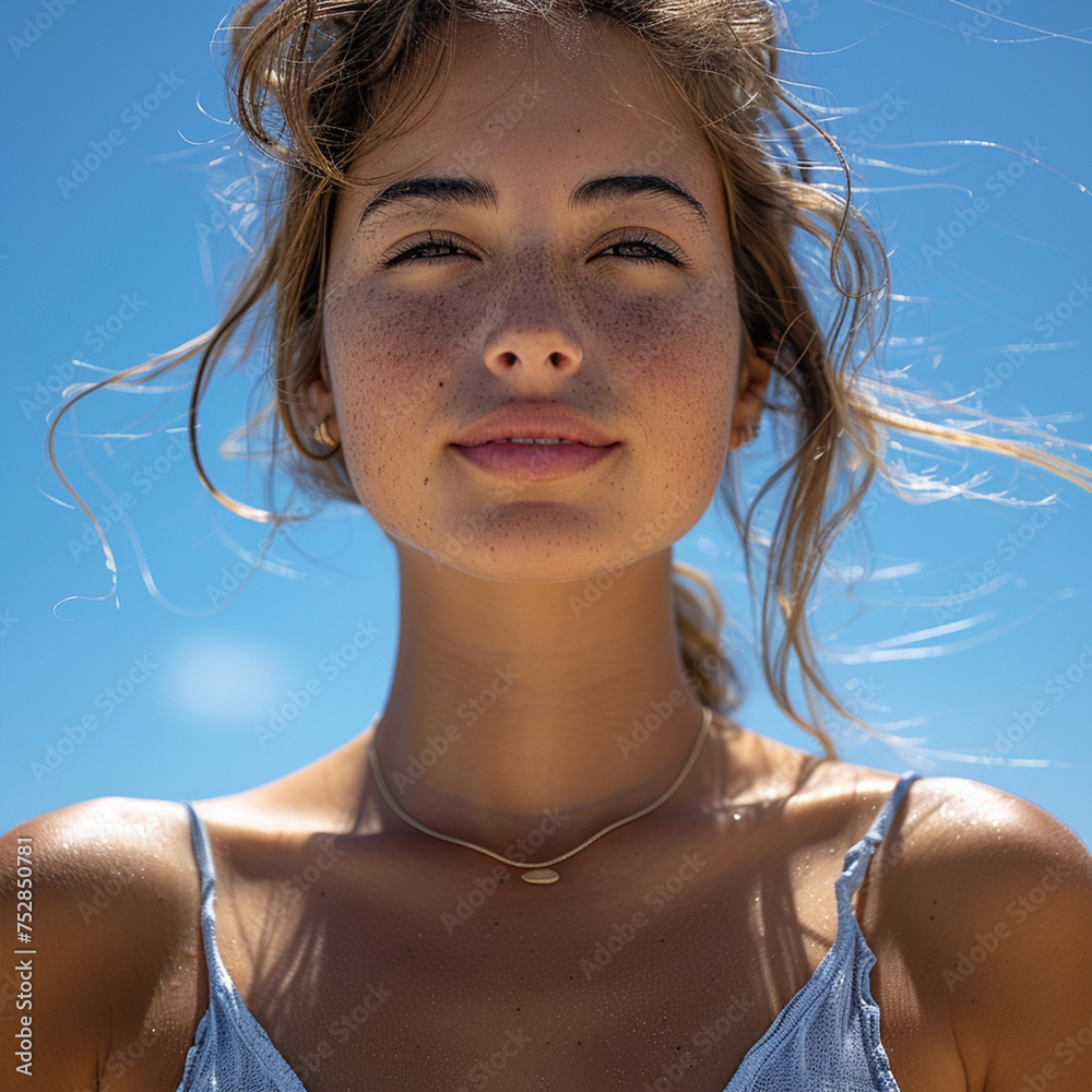 Φωτογραφία Horizontal portrait of a beautiful young fit smiling woman deep breathing in fro