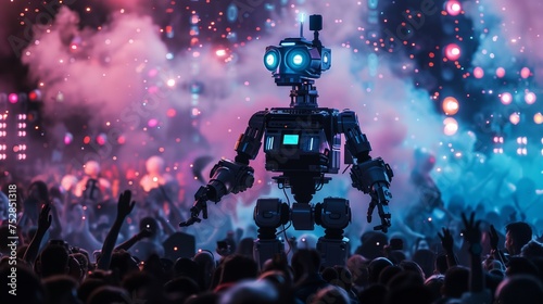 A modern cloud of robots dances at a party with a robot DJ.