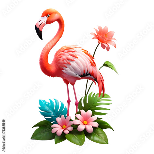 Flamingo bird with exotic tropical leaves and flowers. 3d illustration.