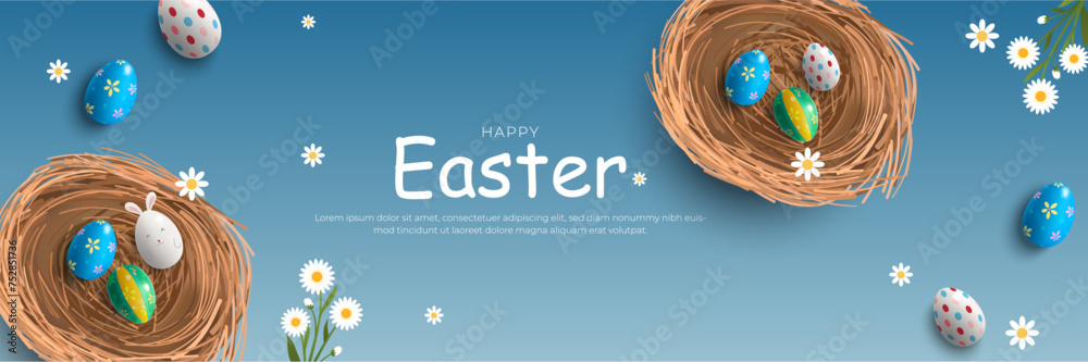 Easter poster and banner template with Easter eggs in the nest on blue ...